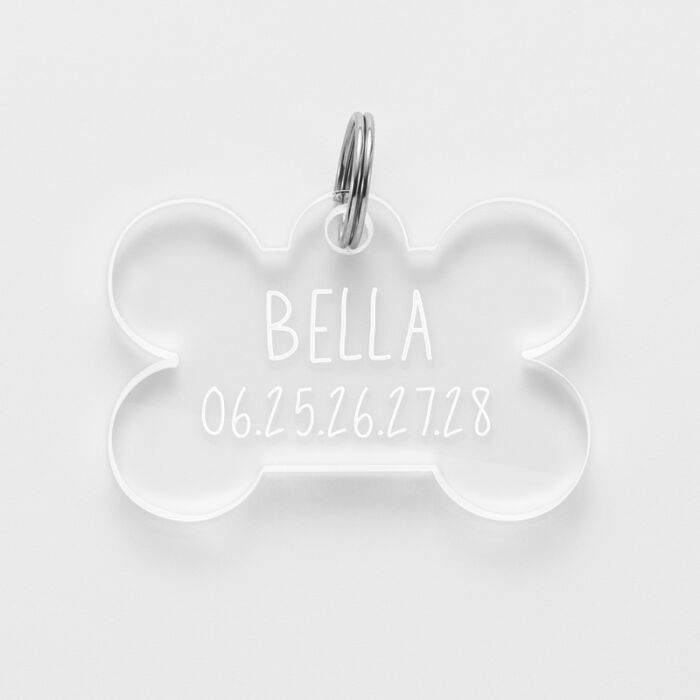 Médaille personnalisée acrylique gravée os 35x24 mm - nom + numéro