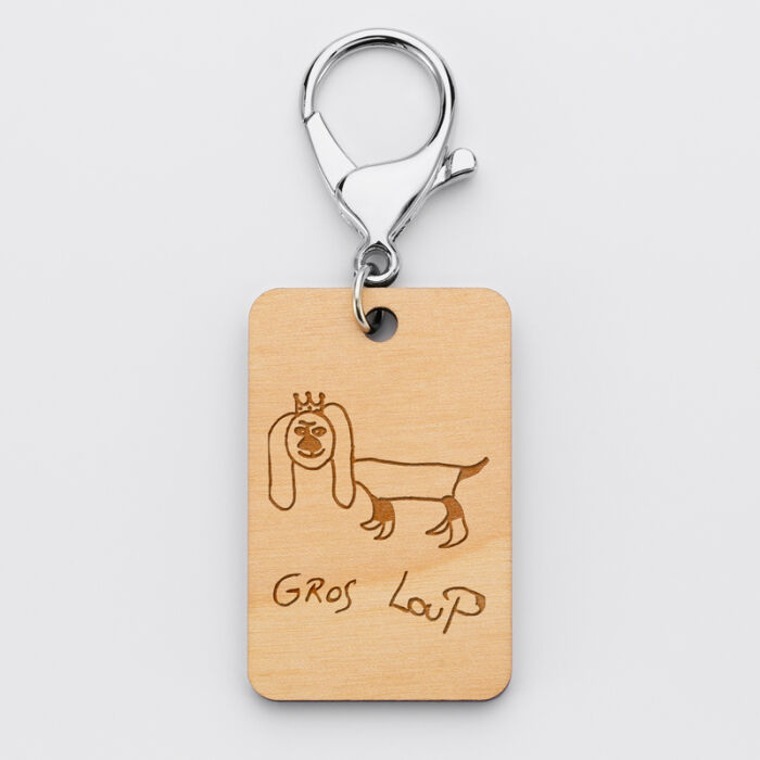 Porte clé personnalisé "Dog lovers" gravé bois médaille rectangle 55x35 mm dessin
