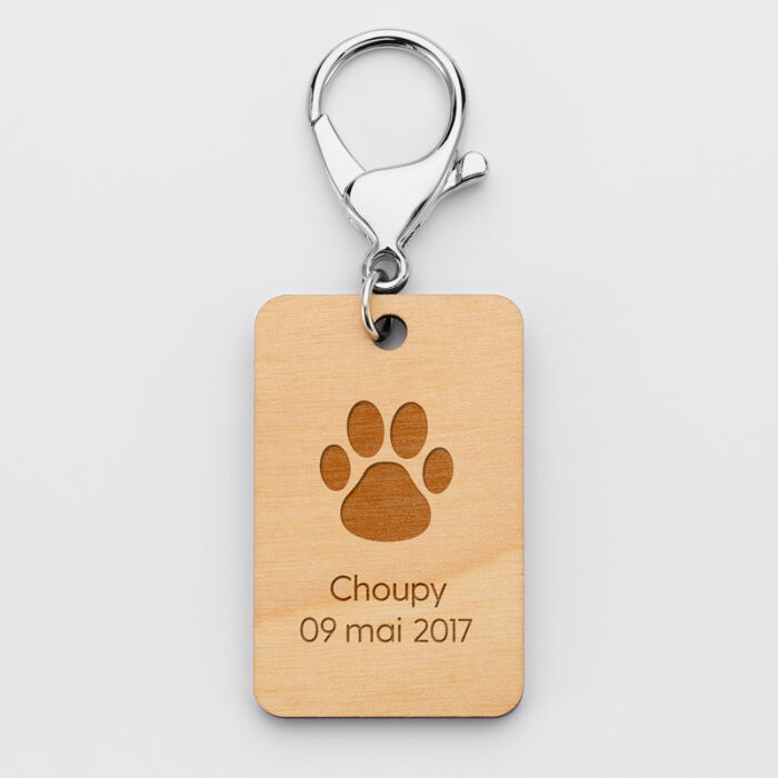 Porte clé personnalisé "Dog lovers" gravé bois médaille rectangle 55x35 mm patte