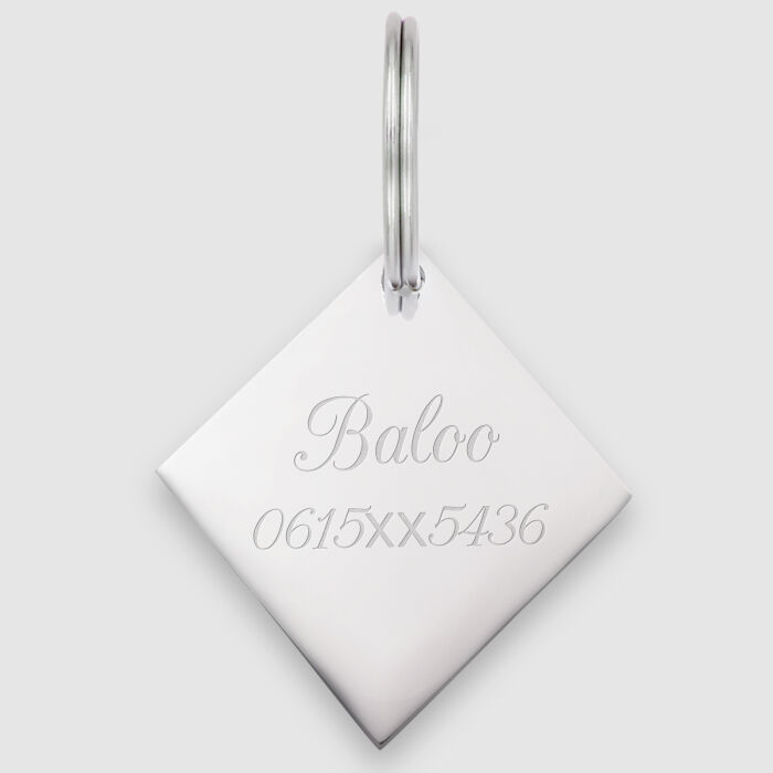 Médaille personnalisée acier argenté gravé losange 34x34 mm nom + numero