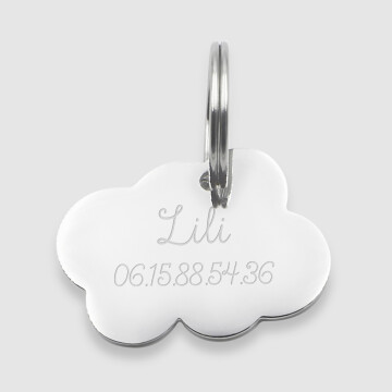 Médaille personnalisée acier argenté gravé nuage 36x25 mm nom + numero