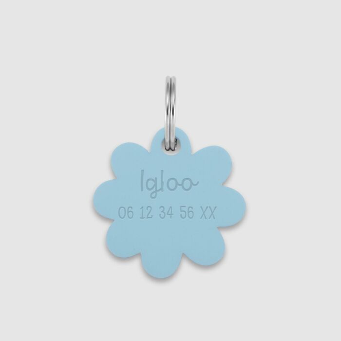 Médaille personnalisée acrylique coloré gravée 27 mm "Fleur" bleu - prénom + numéro