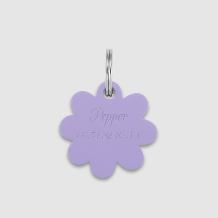 Médaille personnalisée acrylique coloré gravée 27 mm "Fleur" violet - Prénom + numéro