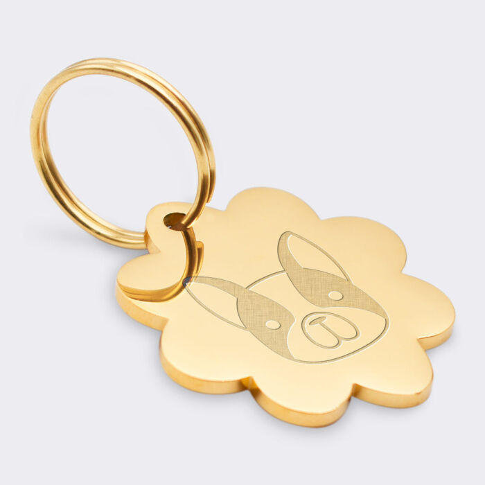 Médaille personnalisée acier doré gravé fleur 32x35 mm - illustration chien