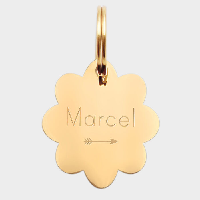 Médaille personnalisée acier doré gravé fleur 32x35 mm - texte + picto