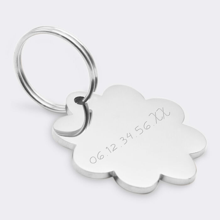 Médaille personnalisée acier argenté gravé fleur 32x35 mm - numéro téléphone