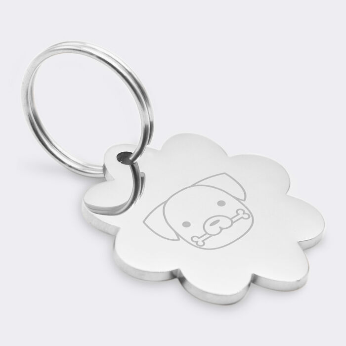 Médaille personnalisée acier argenté gravé fleur 32x35 mm - illustration chien