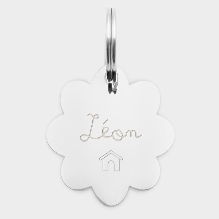 Médaille personnalisée acier argenté gravé fleur 32x35 mm - texte + picto