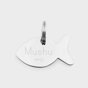 Médaille personnalisée acier argenté gravée poisson 30x15 mm - texte + picto