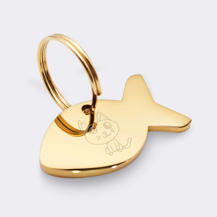 Médaille personnalisée acier doré gravée poisson 34x19 mm - dessin chat