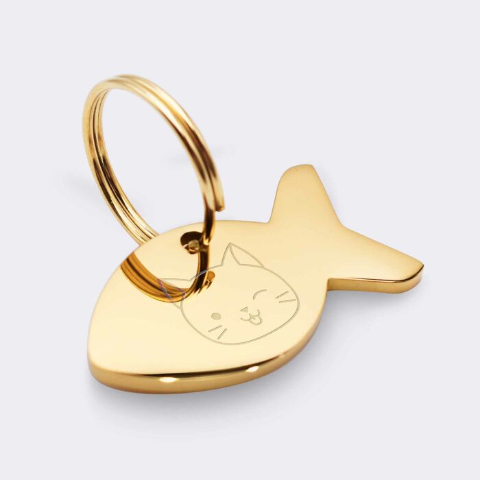 Médaille personnalisée acier doré gravée poisson 34x19 mm - illustration chat