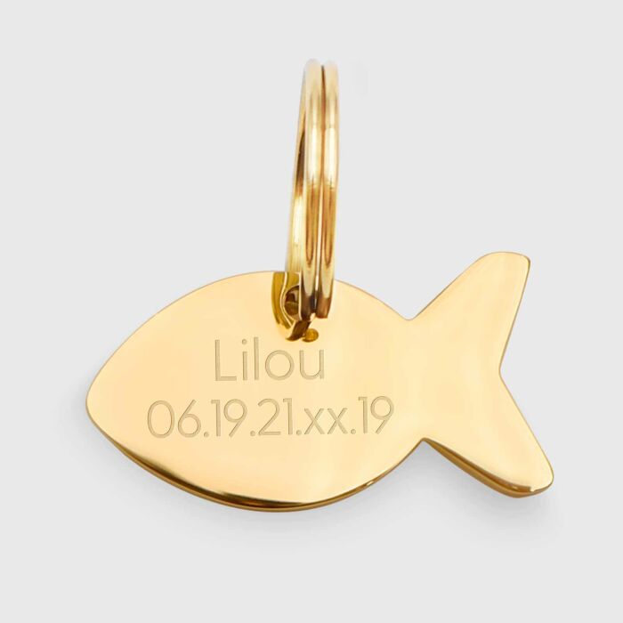 Médaille personnalisée acier doré gravée poisson 34x19 mm - prénom + numero