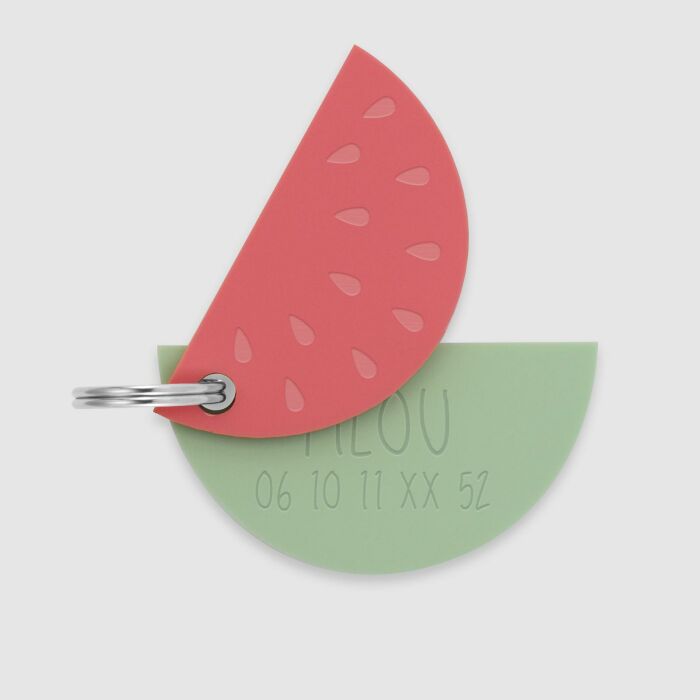 Médaille personnalisée acrylique coloré gravée 20x40 mm "Pastèque" recto - prénom + numero