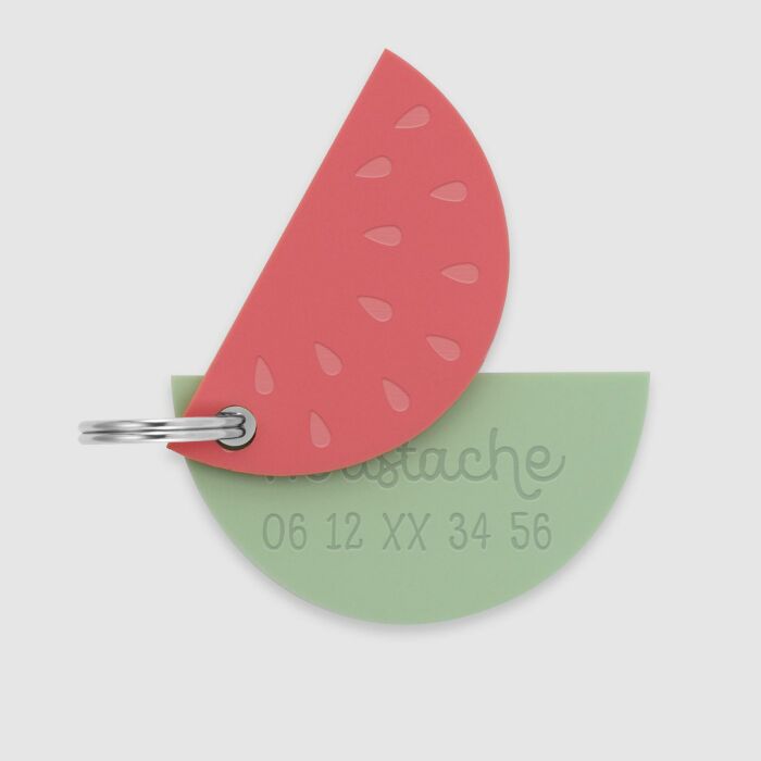 Médaille personnalisée acrylique coloré gravée 20x40 mm "Pastèque" recto - nom + numéro