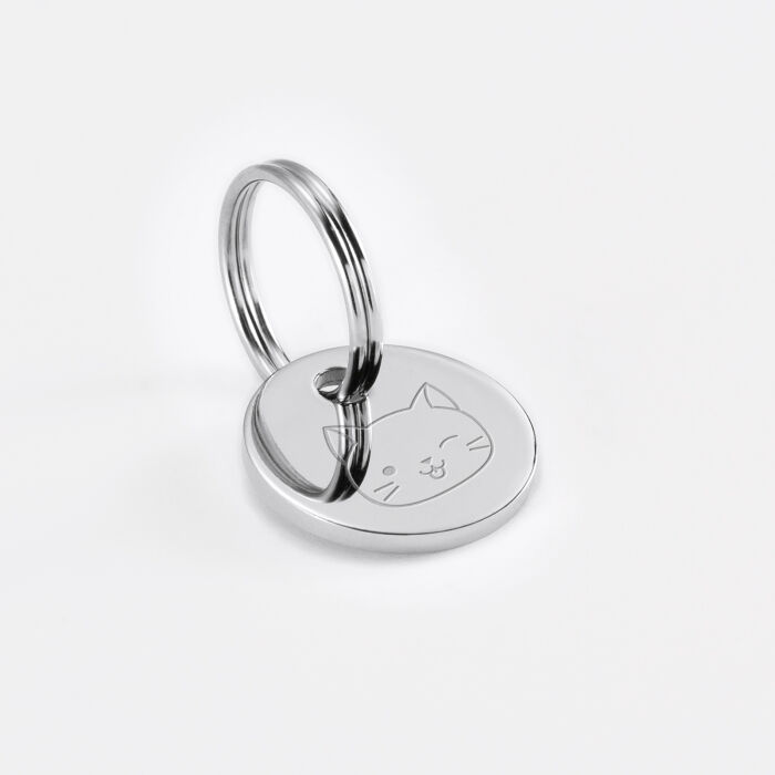 Médaille chat gravée acier argenté gravé 16 mm