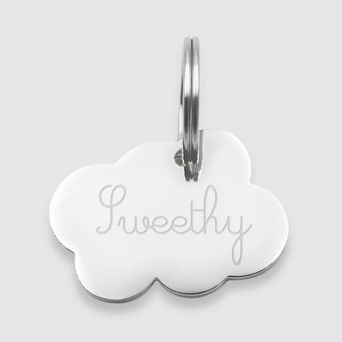 Médaille chat gravée acier argenté nuage 36x25 mm