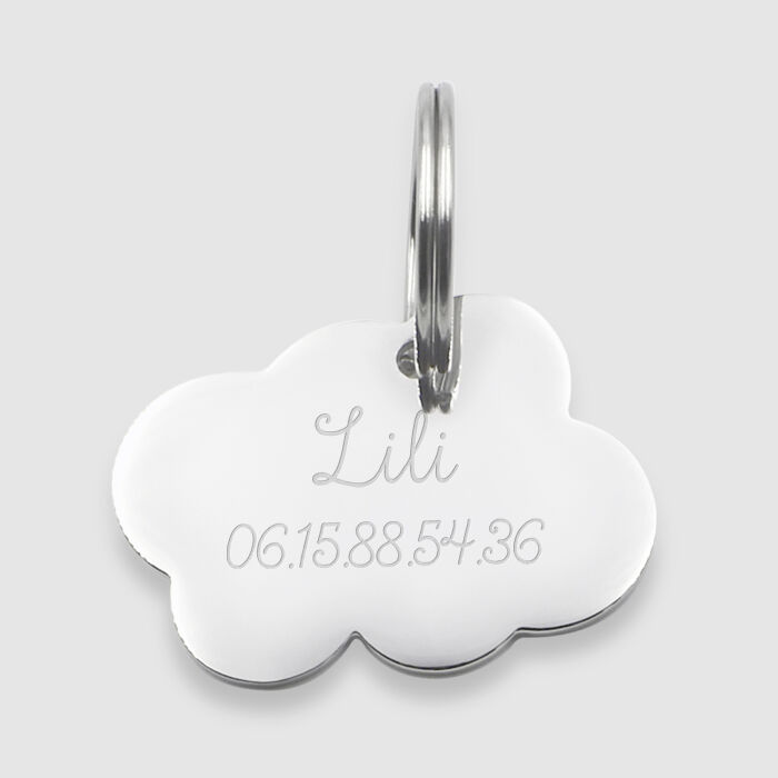 Médaille chat gravée acier argenté nuage 36x25 mm
