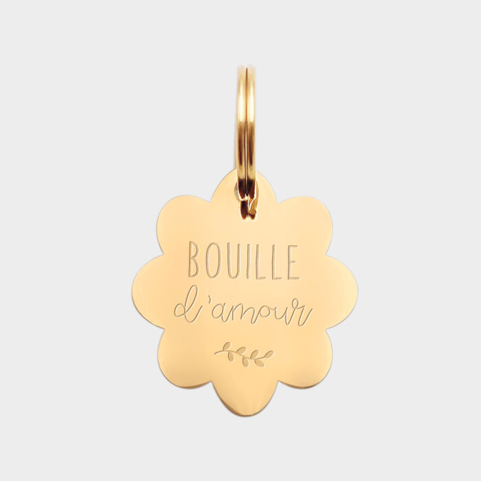 Médaille chat gravée acier doré fleur 22x25 mm