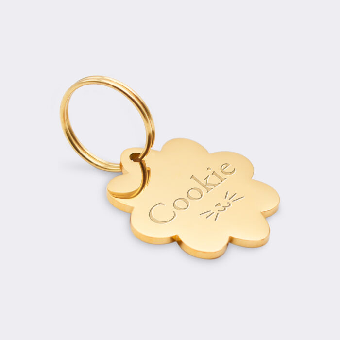 Médaille chat gravée acier doré fleur 22x25 mm