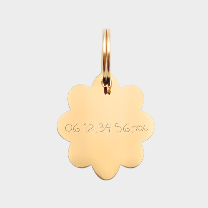 Médaille chat gravée acier doré fleur 22x25 mm