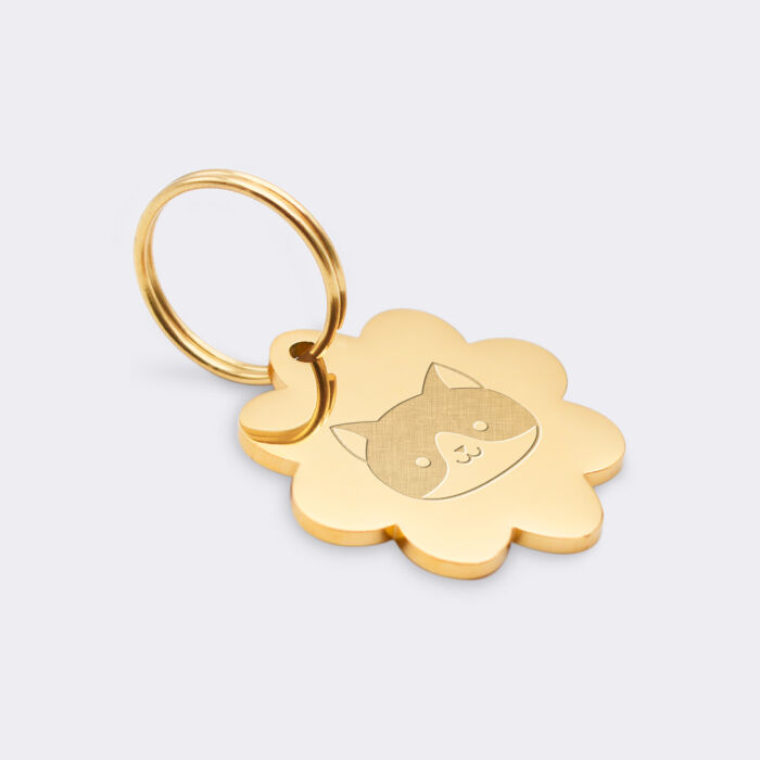 Médaille chat gravée acier doré fleur 22x25 mm