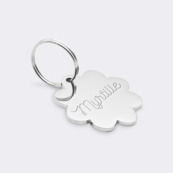 Médaille chat gravée acier argenté fleur 22x25 mm