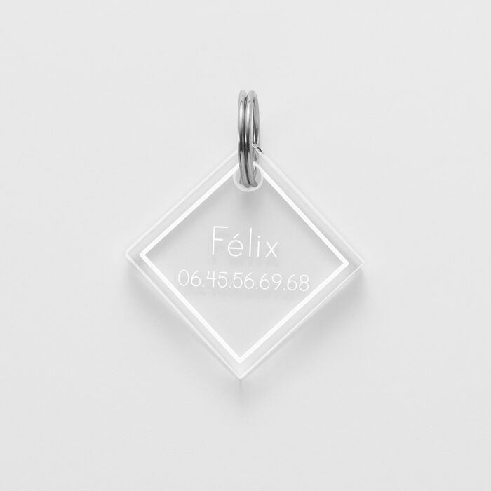 Médaille chat gravée acrylique losange 25x25 mm