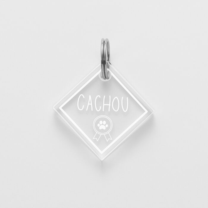 Médaille chat gravée acrylique losange 25x25 mm