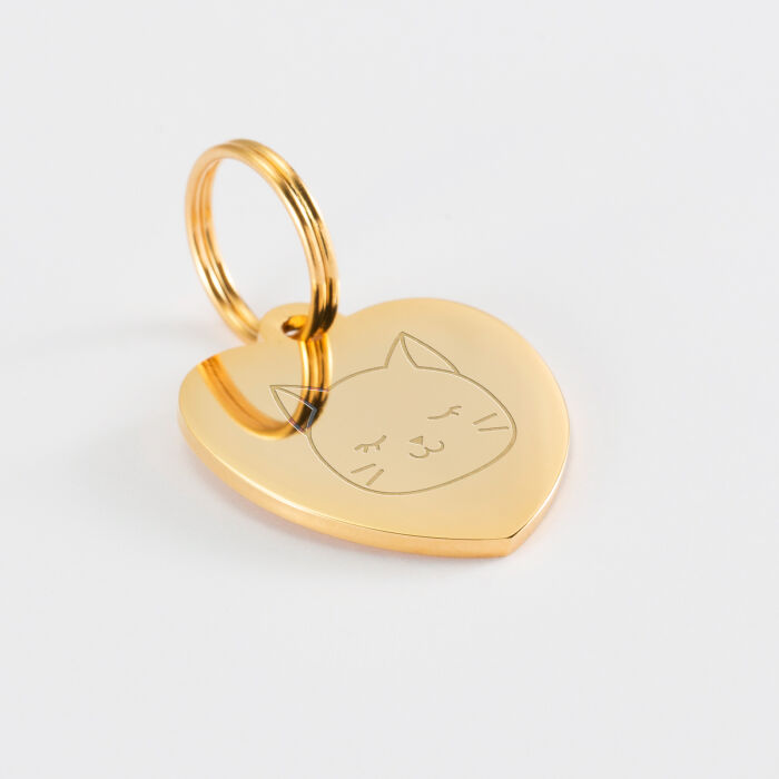 Médaille chat gravée acier doré cœur 23x26 mm