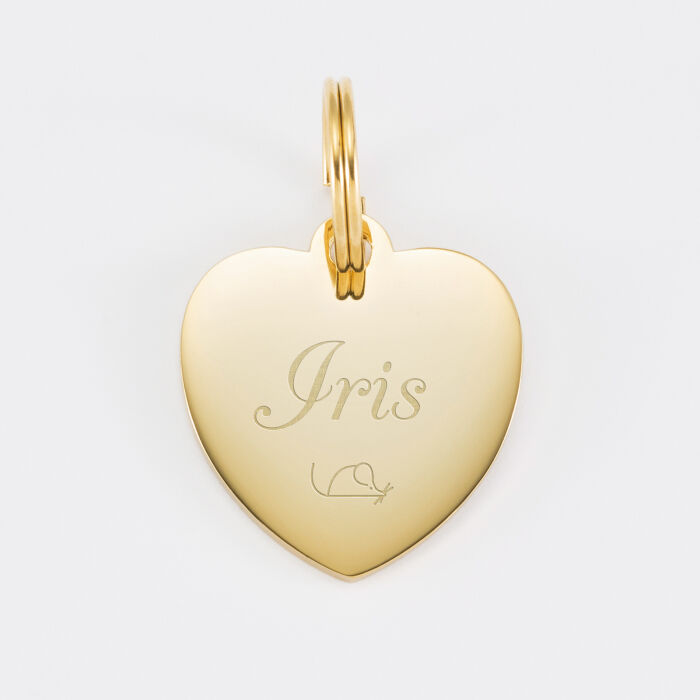 Médaille chat gravée acier doré cœur 23x26 mm