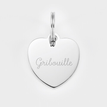 Médaille chat gravée acier argenté coeur 23x26 mm