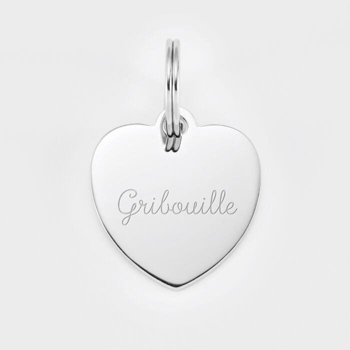 Médaille chat gravée acier argenté coeur 23x26 mm