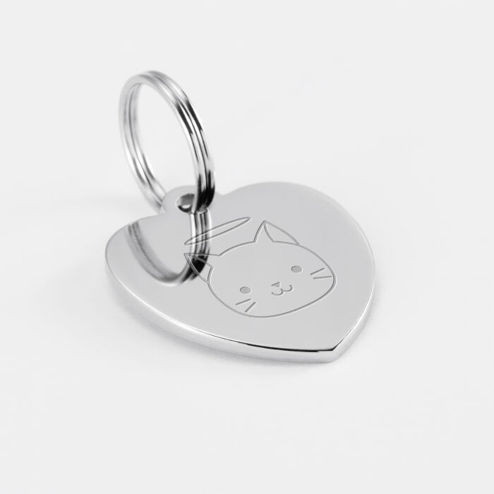 Médaille chat gravée acier argenté coeur 23x26 mm