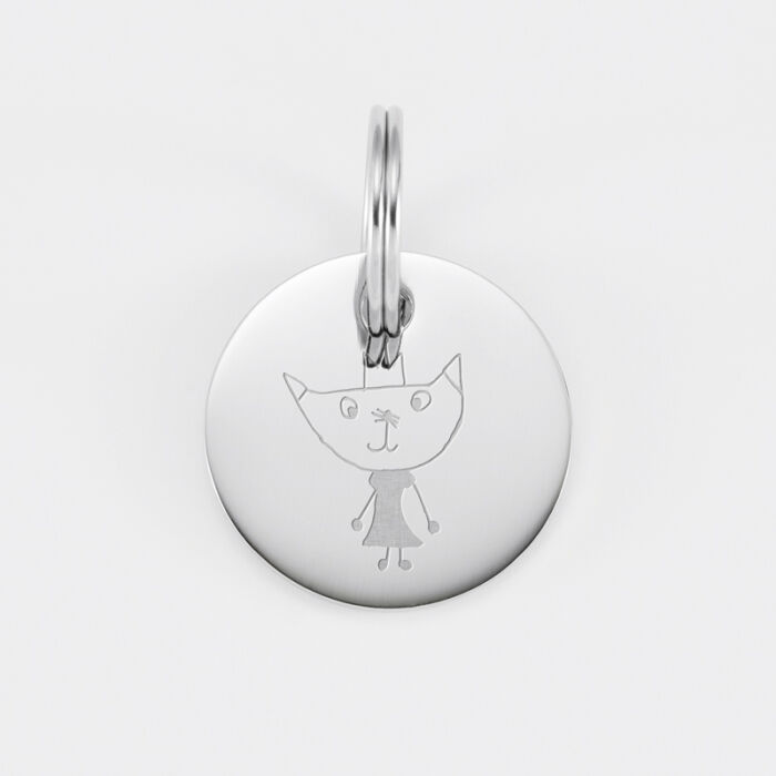 Médaille chat gravée acier argenté ronde 22 mm