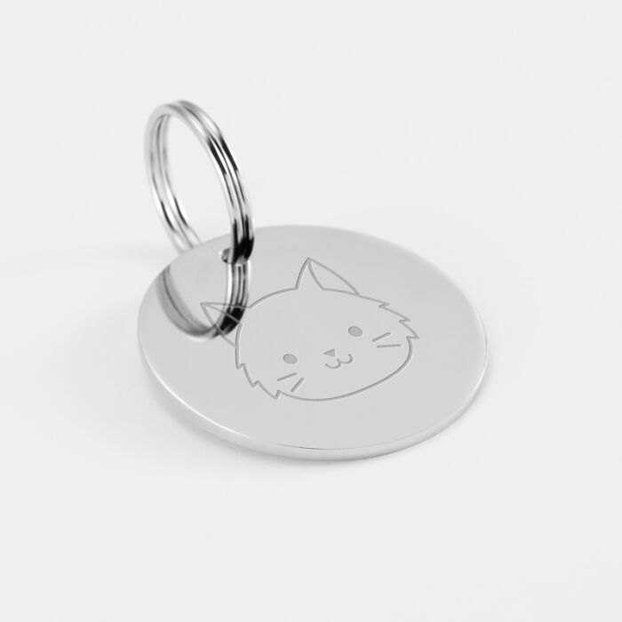 Médaille chat gravée acier argenté ronde 22 mm