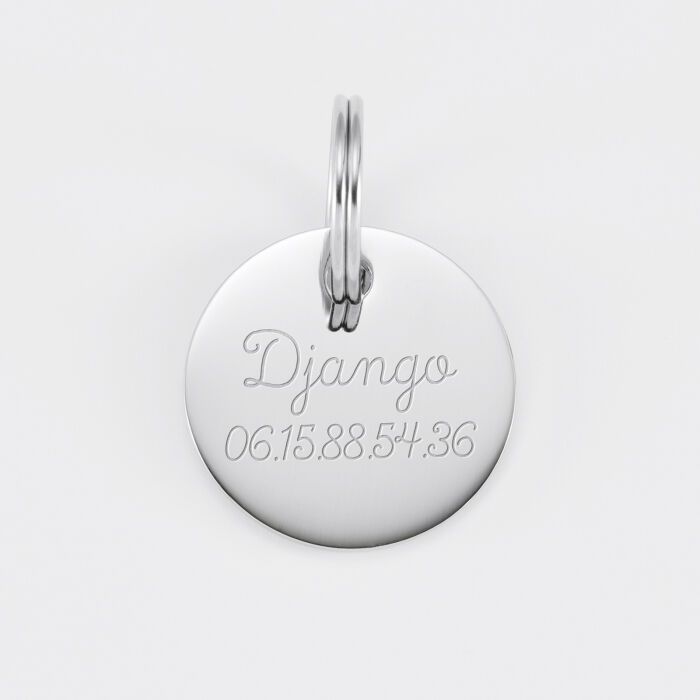 Médaille chat gravée acier argenté ronde 22 mm