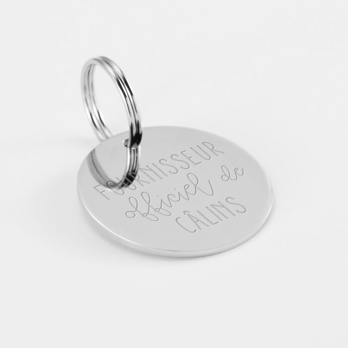 Médaille chat gravée acier argenté ronde 22 mm