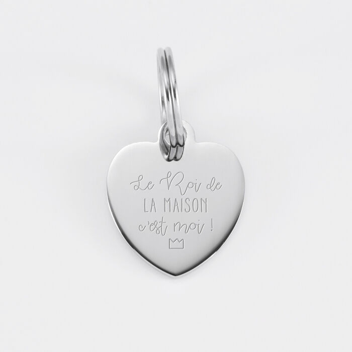 Médaille chat gravée acier argenté coeur 18x22 mm