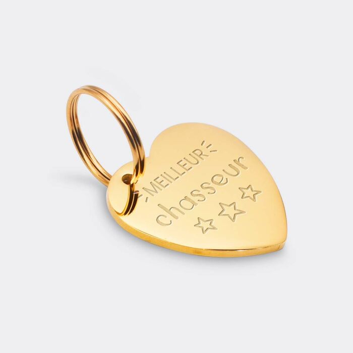 Médaille chien gravée acier doré coeur biais 19x21 mm