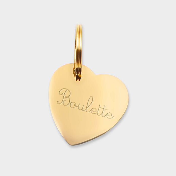 Médaille chien gravée acier doré coeur biais 19x21 mm