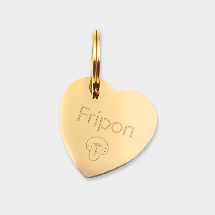 Médaille chien gravée acier doré coeur biais 19x21 mm