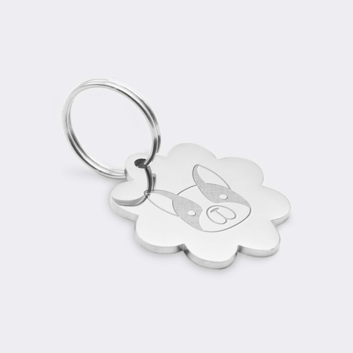 Médaille chien gravée acier argenté fleur 22x25mm