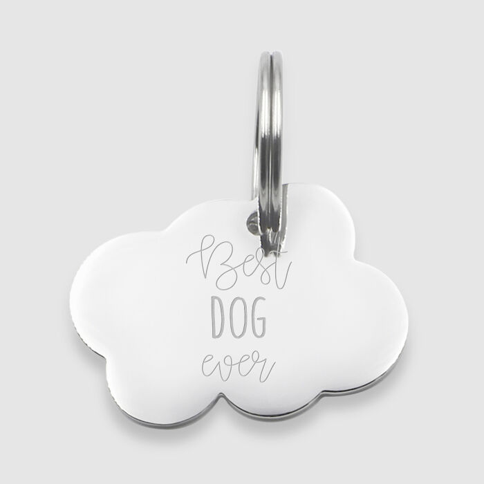Médaille chien gravée acier argenté nuage 36x25 mm