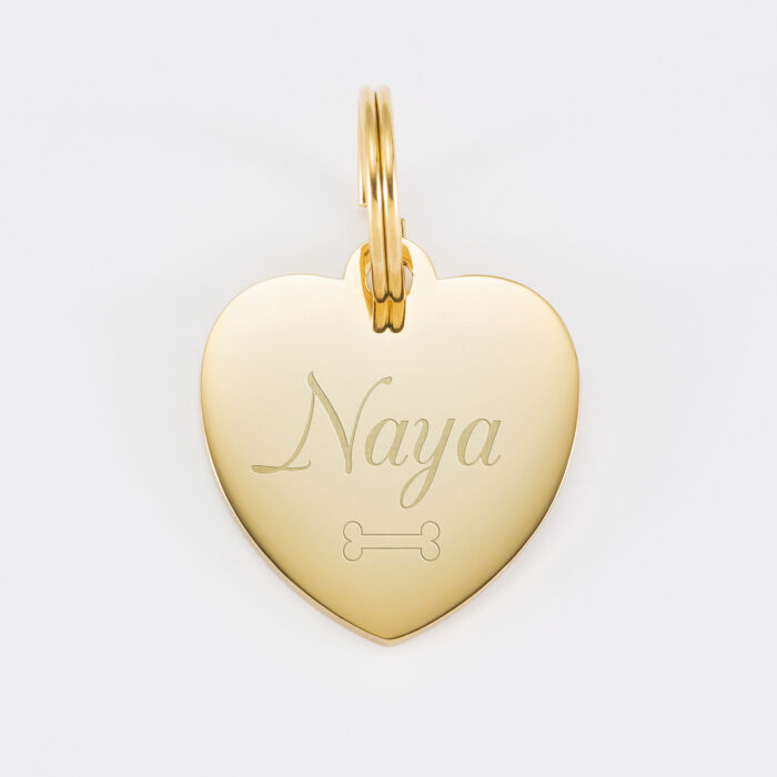 Médaille chien gravée acier doré coeur 23x26 mm