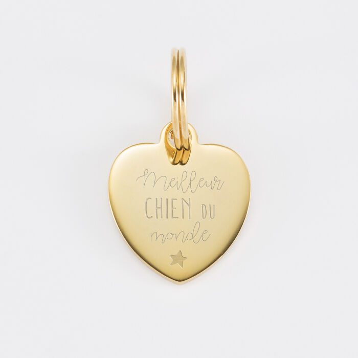 Médaille chien gravée acier doré coeur 18x22 mm