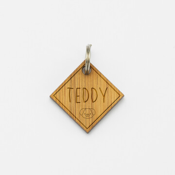 Médaille chien gravée bois losange 25x25 mm