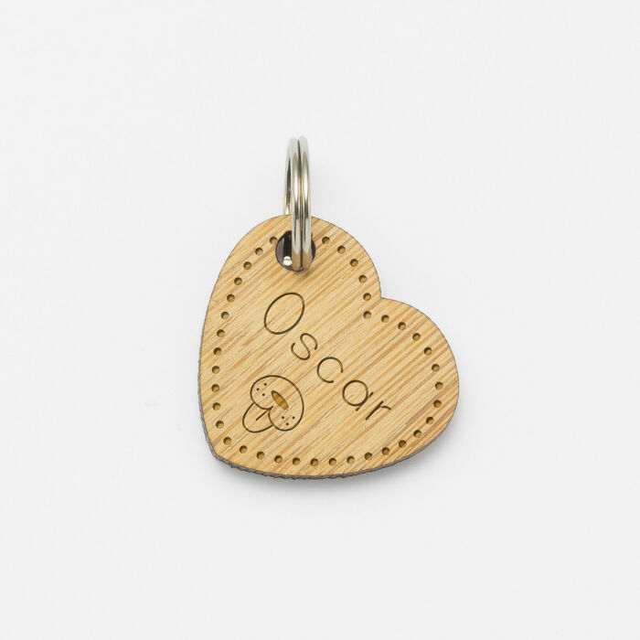 Médaille chien gravée bois coeur 19x21 mm - nom et pictogramme