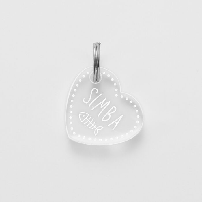 Médaille chat gravée acrylique coeur biais 19x21 mm - nom + picto