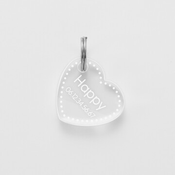 Médaille chien gravée acrylique coeur biais 19x21 mm - nom + numéro de téléphone