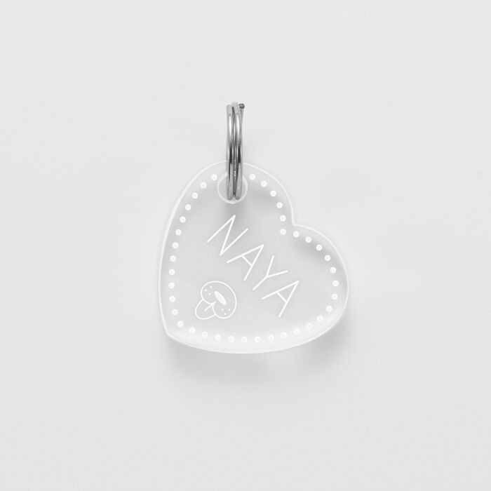 Médaille chien gravée acrylique coeur biais 19x21 mm - nom + picto